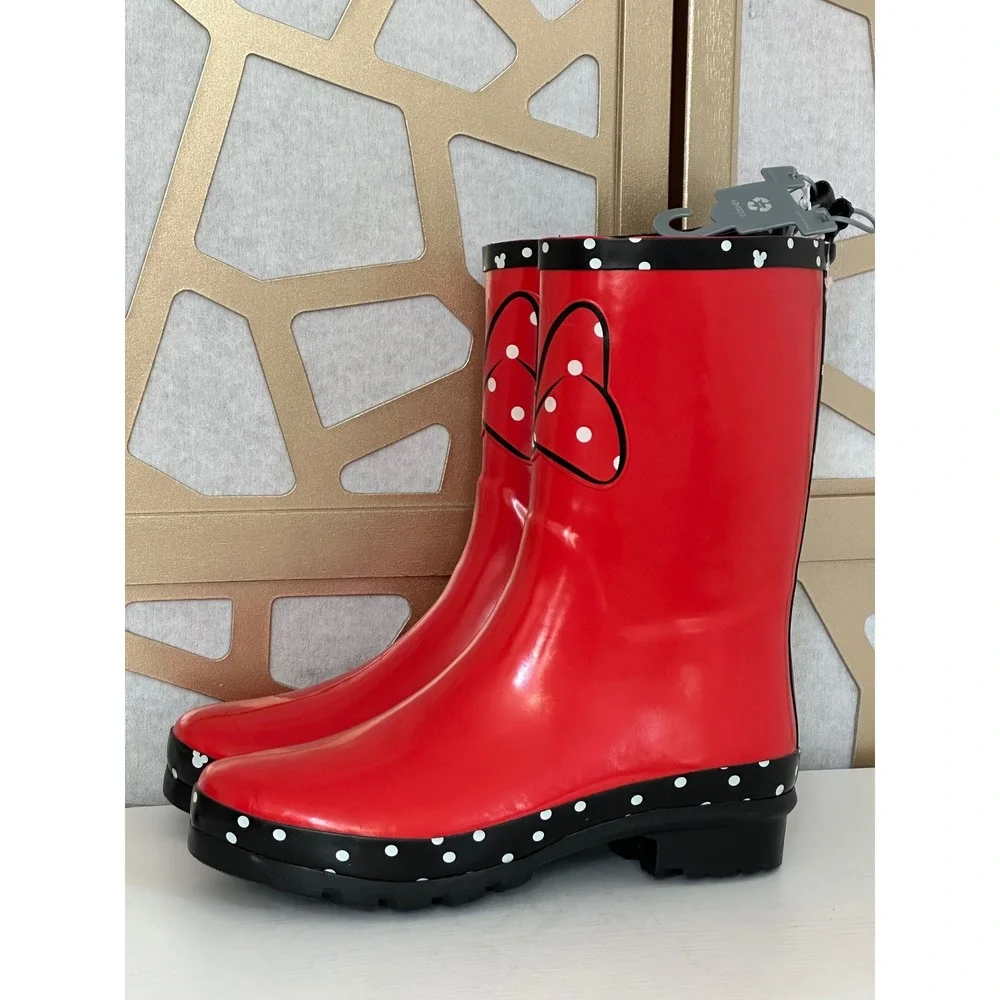 NWT Disney Minnie Mouse Red Polka Dot Rain Boots Womens SZ 10 Waterproof Rubber